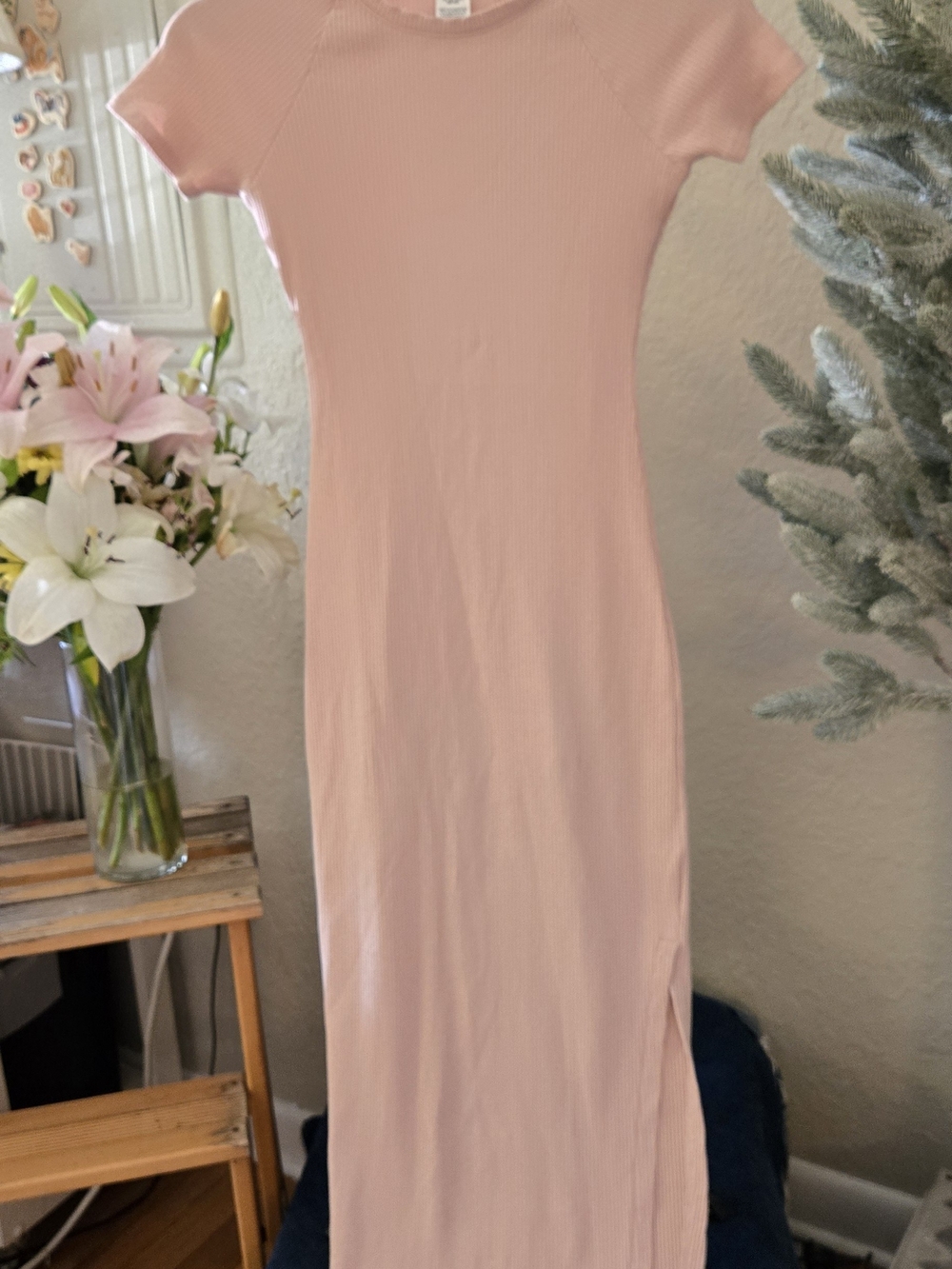 Women's Pink Ribbed Short-Sleeve Maxi Dress